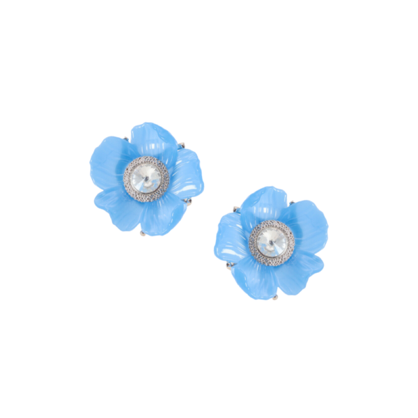 Brinco Ouro Branco - Flor - Cor Azul Ceu - Cristal - Tamanho Médio - Fases